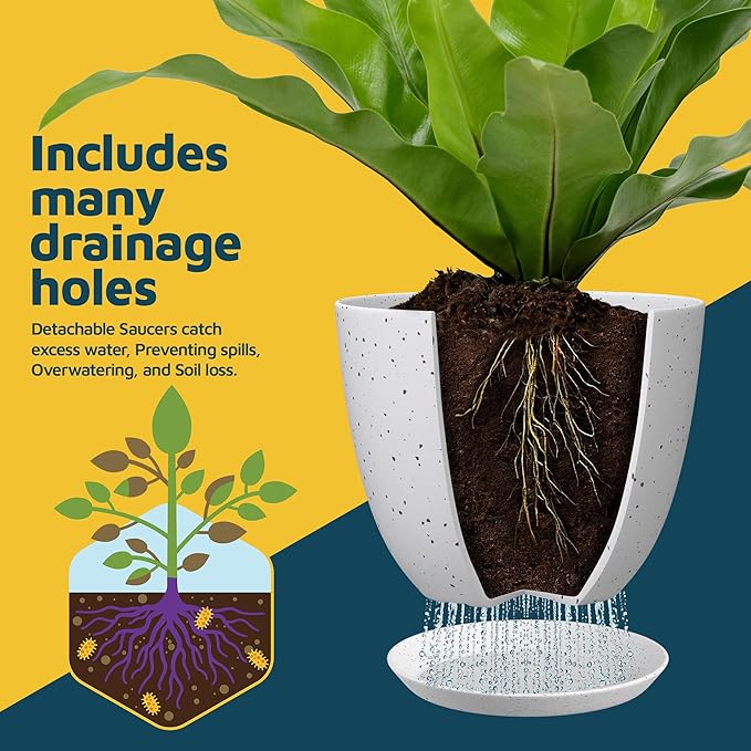 White Gray Plant Pots with Drainage Holes & Saucers 15 Pack, Indoor & Outdoor Stackable Space-Saving Planters for Houseplants & Flowers, (7", 6.7", 6", 5.3", and 4.8" Inches), Durable & Weatherproof