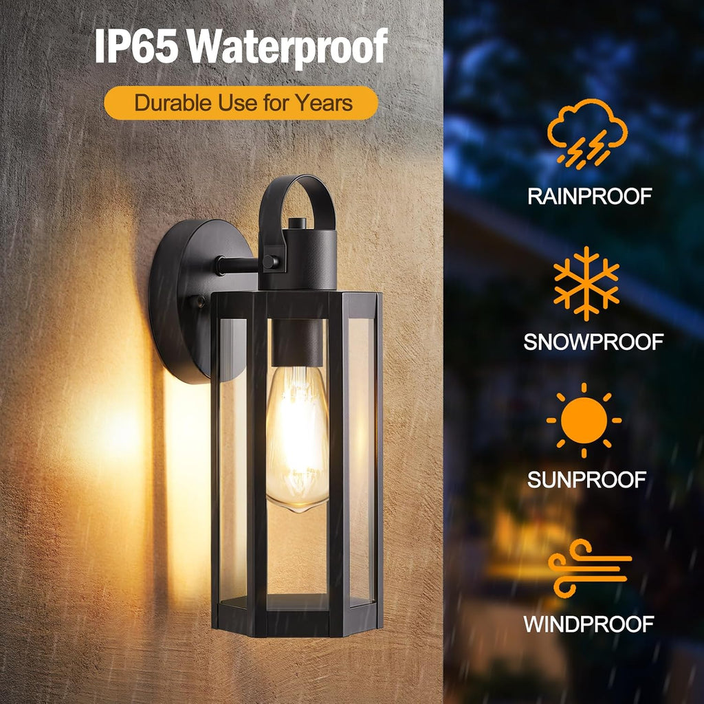 EJIAXIN 2 Pack Exterior Lighting Fixtures, 13" Black Outdoor Wall Light | Clear Glass Shades, Waterproof Metal Construction,Rust-resistant, Easy Installation,Standard E26 Socket, for Patio Garage