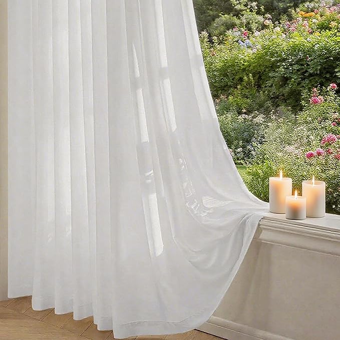 Non-See-Through Privacy White Sheer Curtains 96 inches Long 2 Panels, 52" Wide Rod Pocket Window Curtains & Drapes for Living Room Home Office Patio Sliding Door Bedroom Dining Room