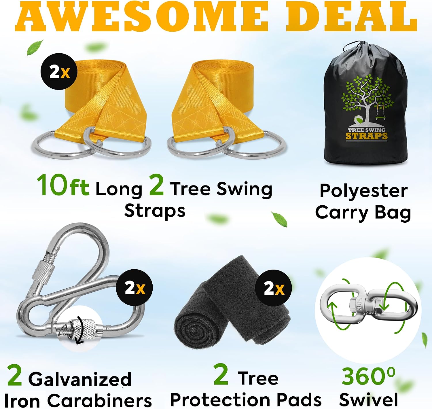 Safe Tree Swing Hanging Kit (Set of 2) - 10ft Long Straps with Two Alloy Carabiners and 2200 Lb Breaking Strength - Easy & Fast Installation for All Types of Swings and Children