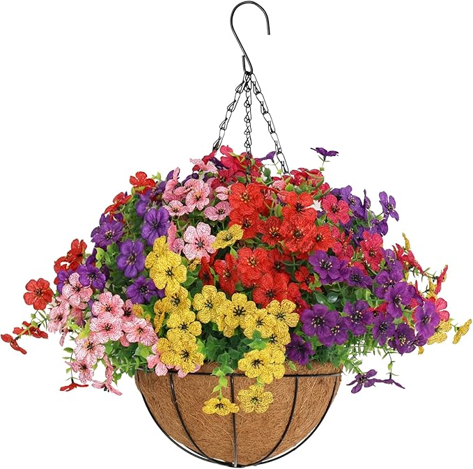 Senjie 12 Bundles Artificial Hanging Flowers with Basket for Outdoor Decor, UV Resistant Faux Flowers Fake Hanging Planter for Porch Patio Balcony