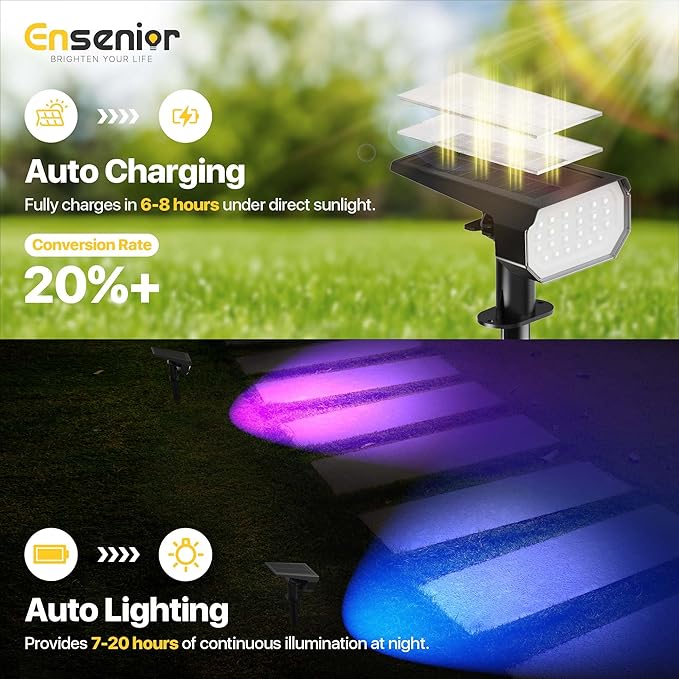 Ensenior Solar Spotlights Outdoor RGB, 7+1 Color Changing Mode Outdoor Landscape Lighting, IP65 Waterproof, Automatic ON/Off Solar Powered Spotlight, Halloween Christmas Decorations (4-Pack)