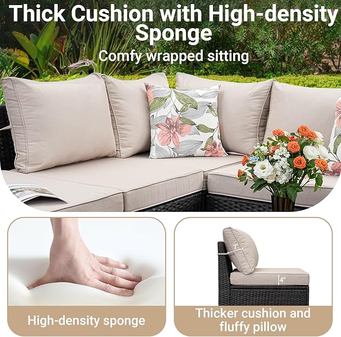 Jing's Villa 6-Piece Patio Furniture Set, All-Weather Outdoor Wicker Sectional Sofa with Cushions, Glass Table & Left and Right Armrest, Rattan Conversation Seating for Porch, Garden, Backyard,Beige