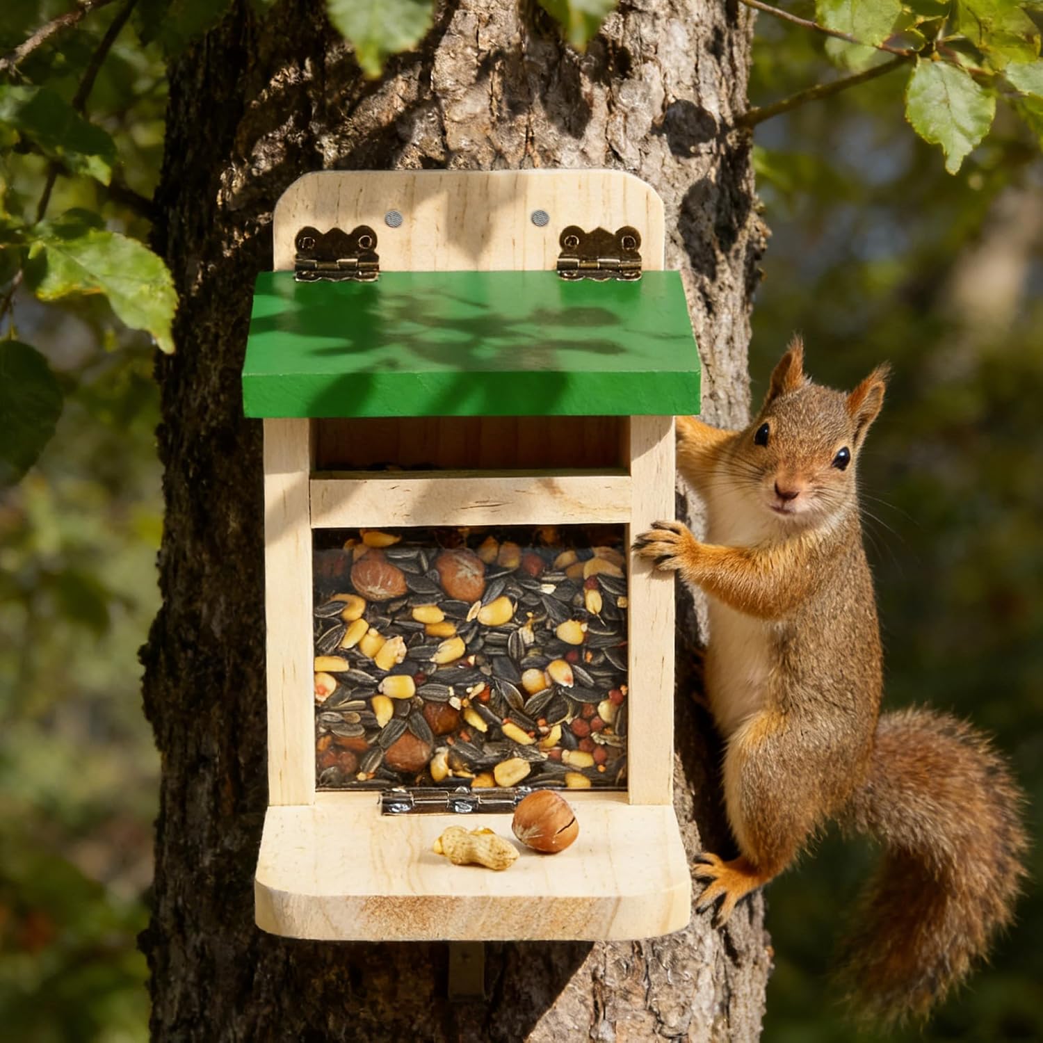 Squirrel Feeders for Outside Garden, Wooden Squirrel Feeder Box,Squirrel Feeding Stations with Green Cover, Easy to Fill Squirrel Feeding House(Green-1pk)