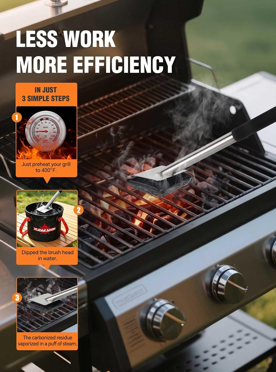 Bristle-Free Steam Grill Brush with 5 Replacement Pads – No Bristle Shedding. Unique Steel Fibers Pads Efficiently Deep Clean All Kinds of Grills. A Safe Outdoor Grill Cleaner. Gift for Men/Dad.