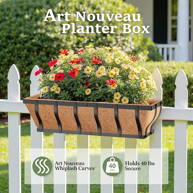Railing Planter Boxes, Heavy Duty Window Box Planters, Adjustable Balcony Planters for Railing Hanging, with Coco Liner & Support Rod for Deck, Porch, and Patio Gardening (2 Pack, 24 Inch)