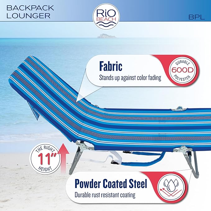 Rio Beach Portable Lay Flat Folding Backpack Beach Lounge Chair with Backpack Straps and Storage Pouch, Blue and Red