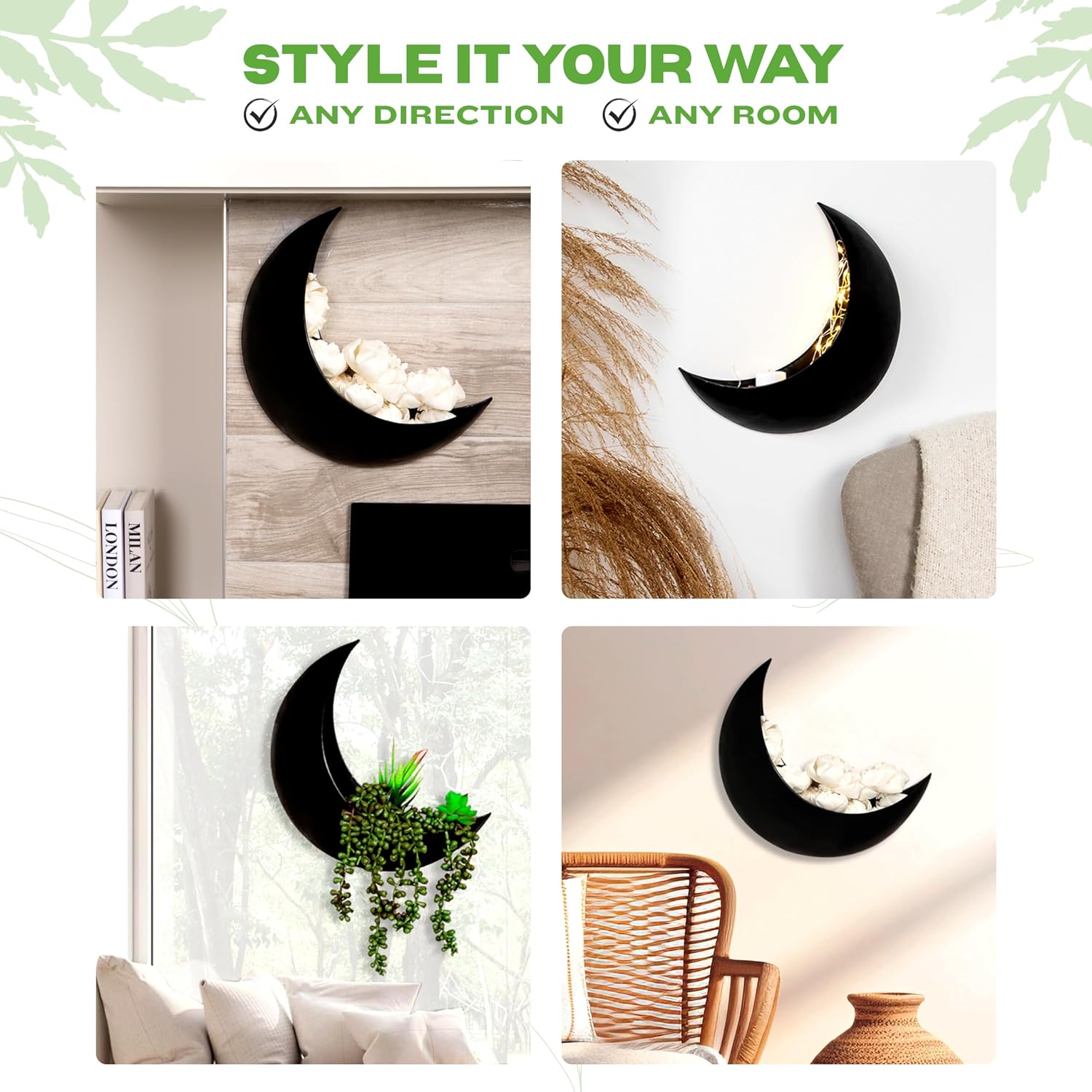 Wall Planter - Window Planter - 14Pcs Artificial Succulents - Hanging Moon Planter - Boho Hanging Planters for Indoor Plants, Air Plant, Cactus, Faux, Unique Gifts for Women, Birthdays, Plant Lovers