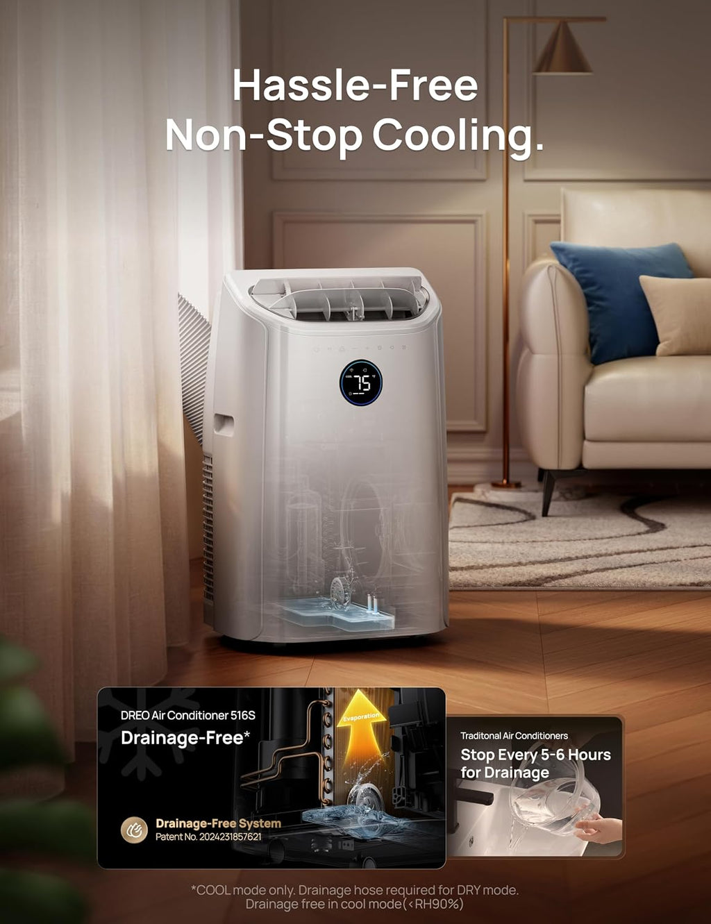 dreo portable air conditioner 516s, 14000 btu ashrae showing dimensions