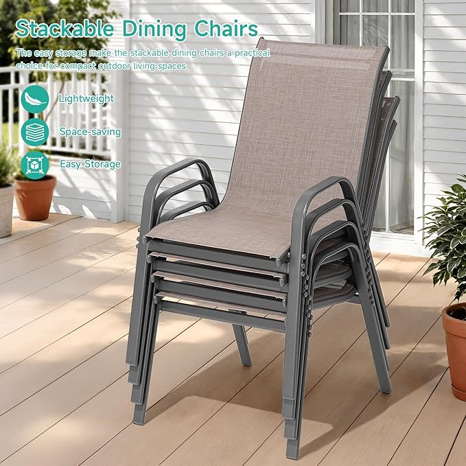 Patio Chairs Set of 2, Easily Set Up Stackable Outdoor Dining Chairs with High Back and Wide Seat, All Weather Breathable Outdoor Chairs Set of 2 with Metal Frame for Backyard Deck Pool, Brown