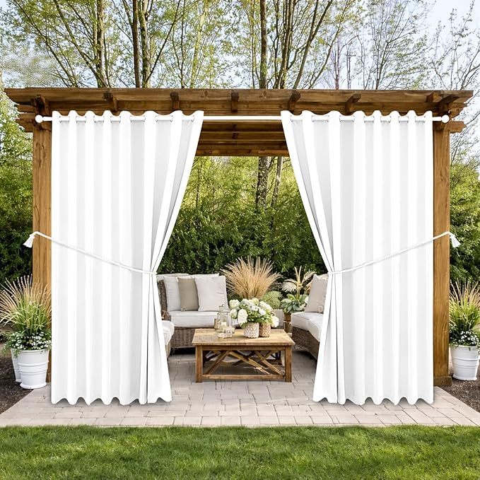 Outdoor Patio Curtain Waterproof Darkening Thermal Insulated Indoor Curtains for Bedroom, Porch, Living Room, Pergola, Cabana, W105 x L120 Extra Wide Room Divider, Set of 2 Panels, Pure White