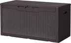 Devoko 97 Gallon Deck Box, Waterproof Resin Outdoor Storage Box for Outside and Patio, Large Outdoor Storage Bench Cabinet Lockable for Patio Furniture, Garden Tools and Pool Supplies (Deep Brown)