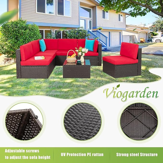 Vongrasig 7 Pieces Patio Furniture Sets, Outdoor Modular Sectional Sofa Patio Conversation Set PE Rattan Wicker Sectional Couch with Cushion, Glass Table for Patio, Garden, Poolside, Red