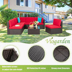 Vongrasig 7 Pieces Patio Furniture Sets, Outdoor Modular Sectional Sofa Patio Conversation Set PE Rattan Wicker Sectional Couch with Cushion, Glass Table for Patio, Garden, Poolside, Red