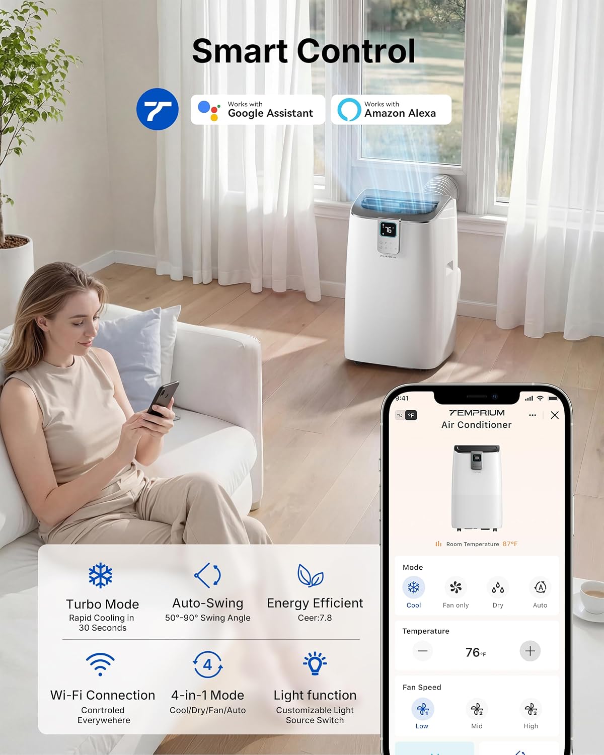 14,000 btu portable air conditioner, 4-in-1 smart ac, side view