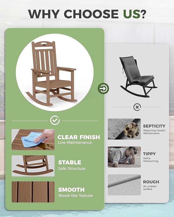 Oversized Rocking Chair Outdoor, High Back Porch Rocker Chair, HDPE All Weather Resistant Rocking Chairs for Patio, 386lbs Weight Capacity, Teak
