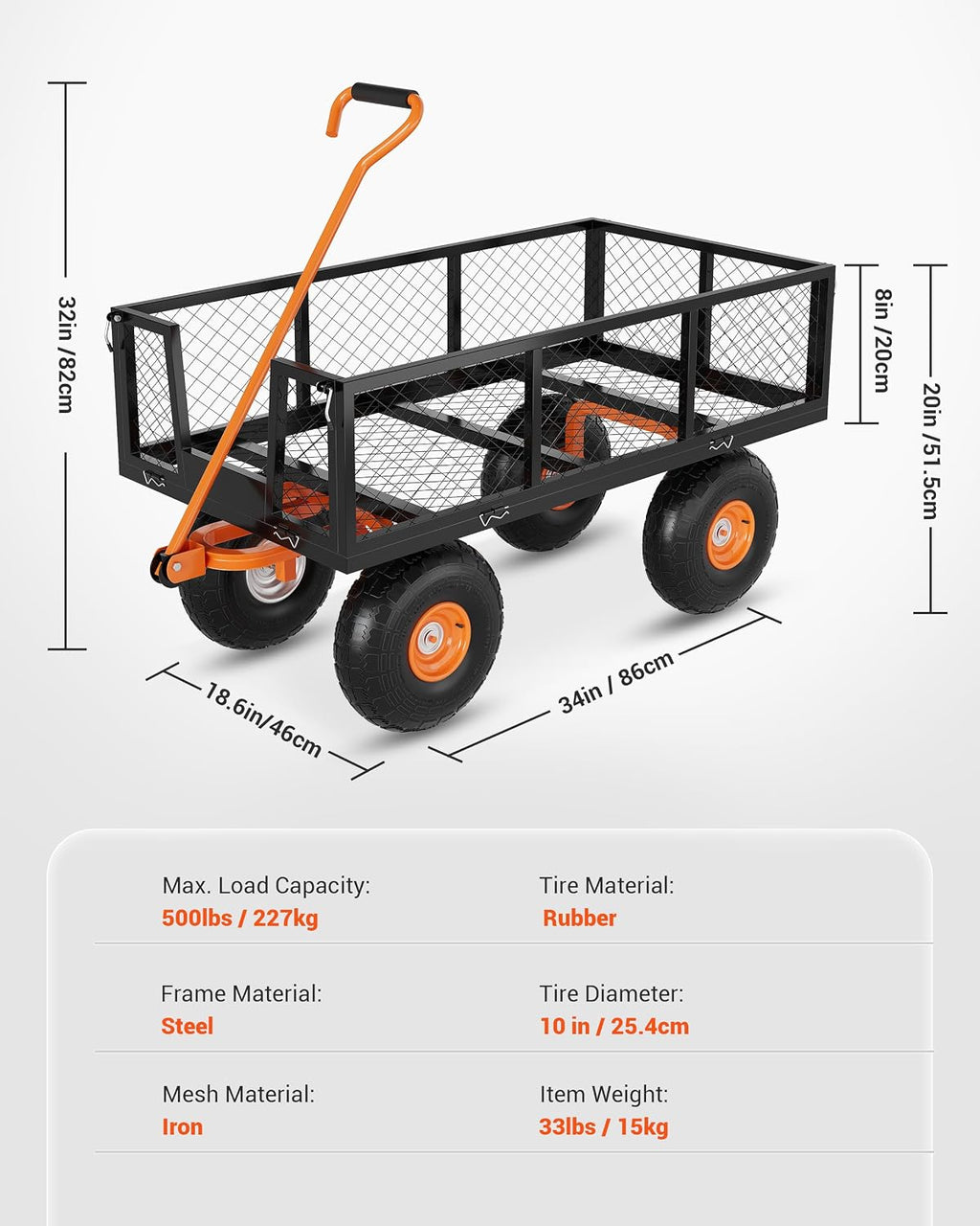 garveelife heavy duty steel garden cart, 500 lbs showing dimensions