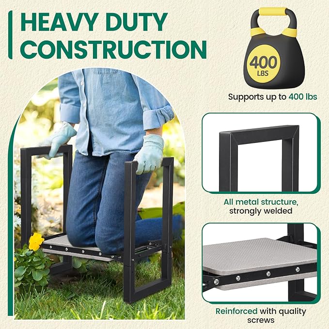 Garden Kneeler and Seat Heavy Duty - 12.7" Wide Garden Kneeling Bench Stool with Handles, Folding Knee Seat Chair Gardening Gifts for Seniors Women Men Gardeners Pain-Free Weeding Planting