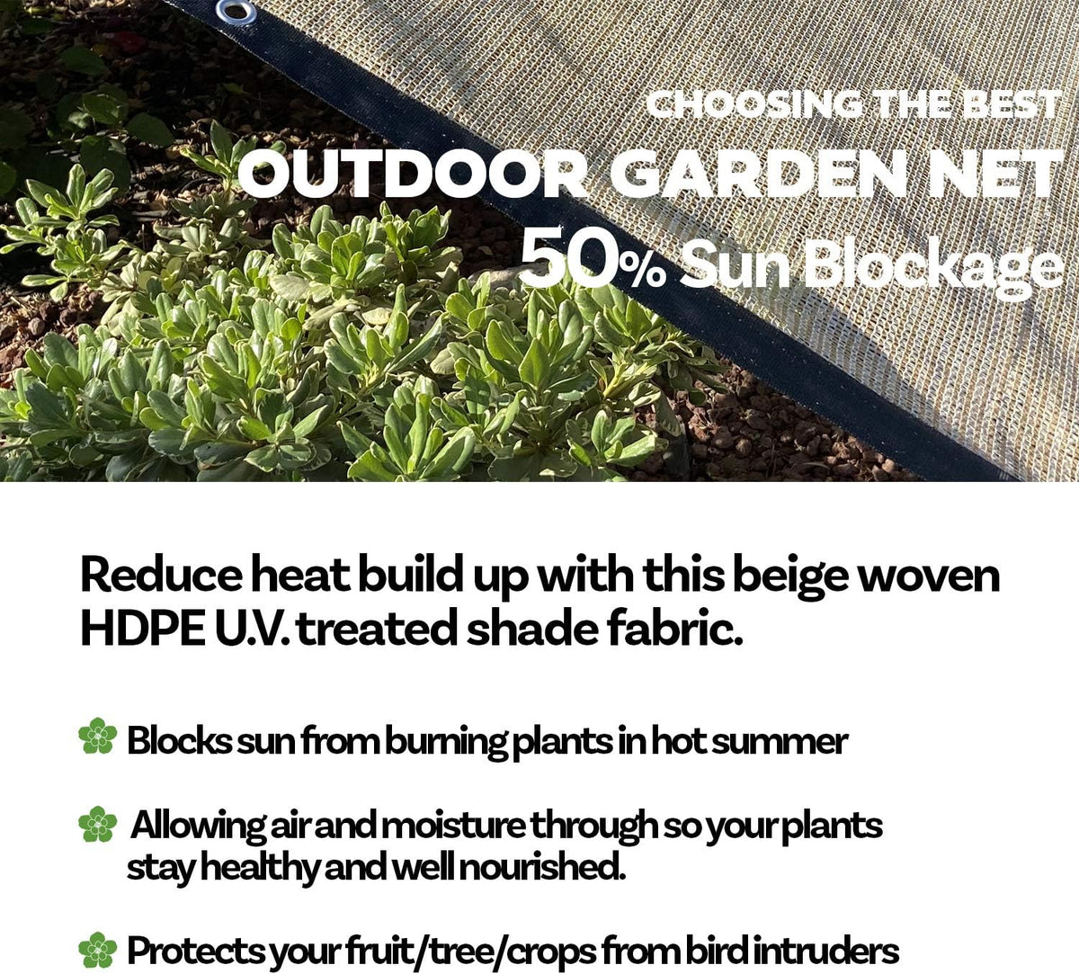 alion home hdpe 50% sun block garden netting, side view