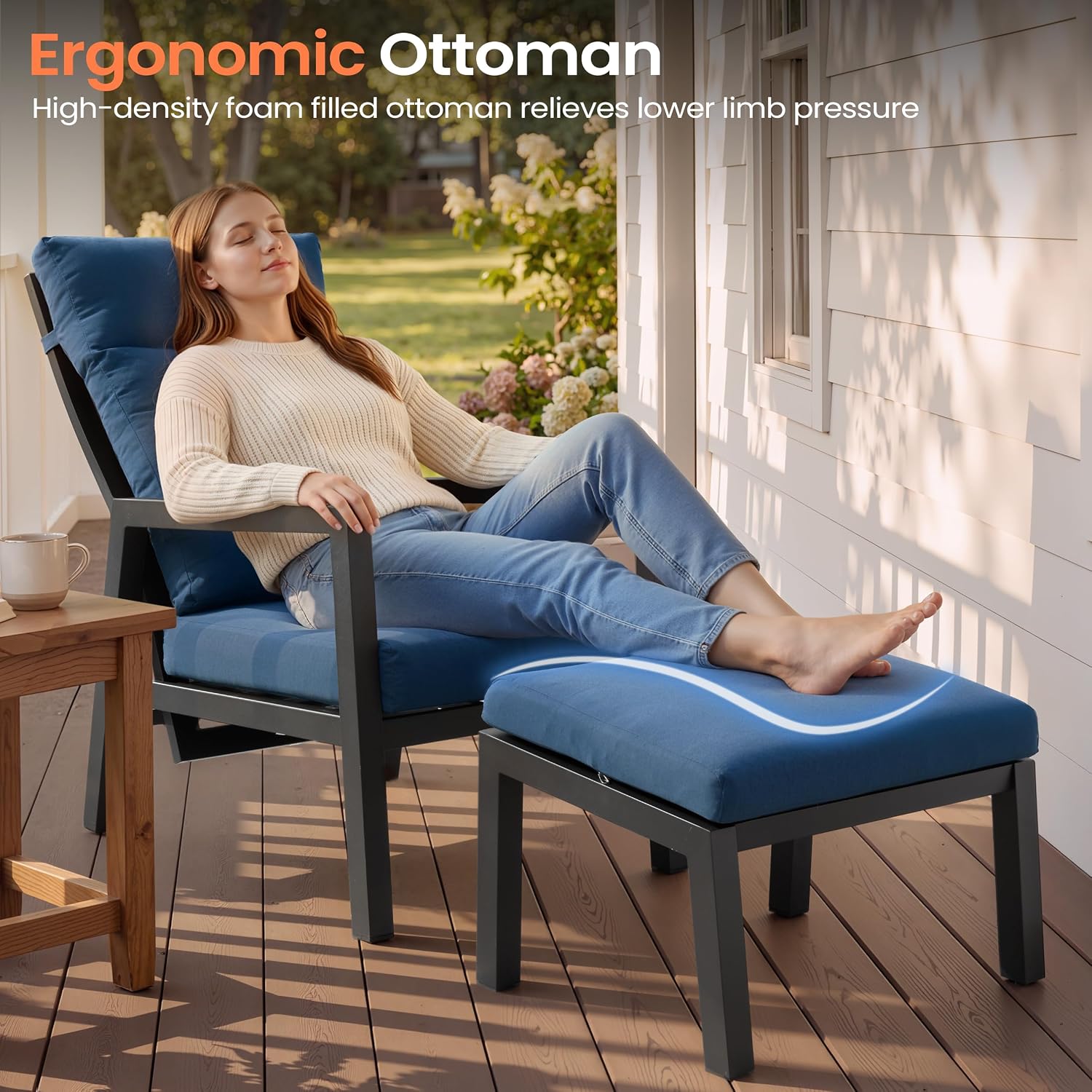 Pellebant Aluminum Outdoor Recliner Chair with Pneumatically Adjustable Backrest - Weather-Resistant Patio Lounge Chair, 4.7-Inch Thick Removable Cushions for Deck, Porch & Backyard, Navy Blue