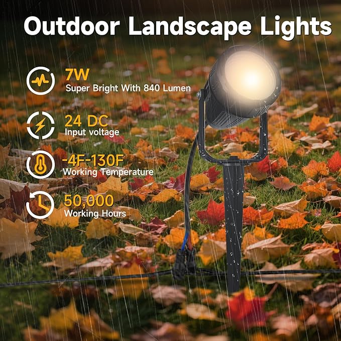 Low Voltage Safety Landscape Lights Outdoor: 7W 840LM LED Landscape Lighting with Connectors & Transformer for Tree Garden Yard Pathway | 24V Warm Yellow 3000K Spotlights | IP65 Waterproof | 6 Pack