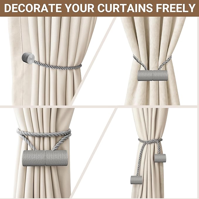 Hion Magnetic Curtain Tiebacks Grey 6 Pack, Curtain Tiebacks Buckles Holdbacks Holders Hooks Clip for Home Bedroom Office Decorative Thick or Thin Curtain