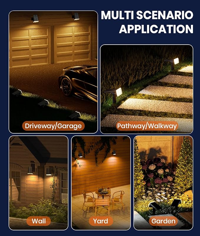 Solar Spotlights Outdoor Waterproof IP67,4 Pack Adjustable Wall&Ground Solar Lights Powered with 3 Colors, 3 Modes, Dusk to Dawn for Pathway/Garden/Yard/Patio/Driveway/Landscape Lighting Outside Décor