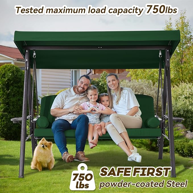 3 in 1 Outdoor Porch Swing with Canopy, 3 Seat Outdoor Swing for Adults, Patio Swing Chair with Thickened Cushions,Pillows & Cup Holders for Backyard, Porch, Garden (Green)