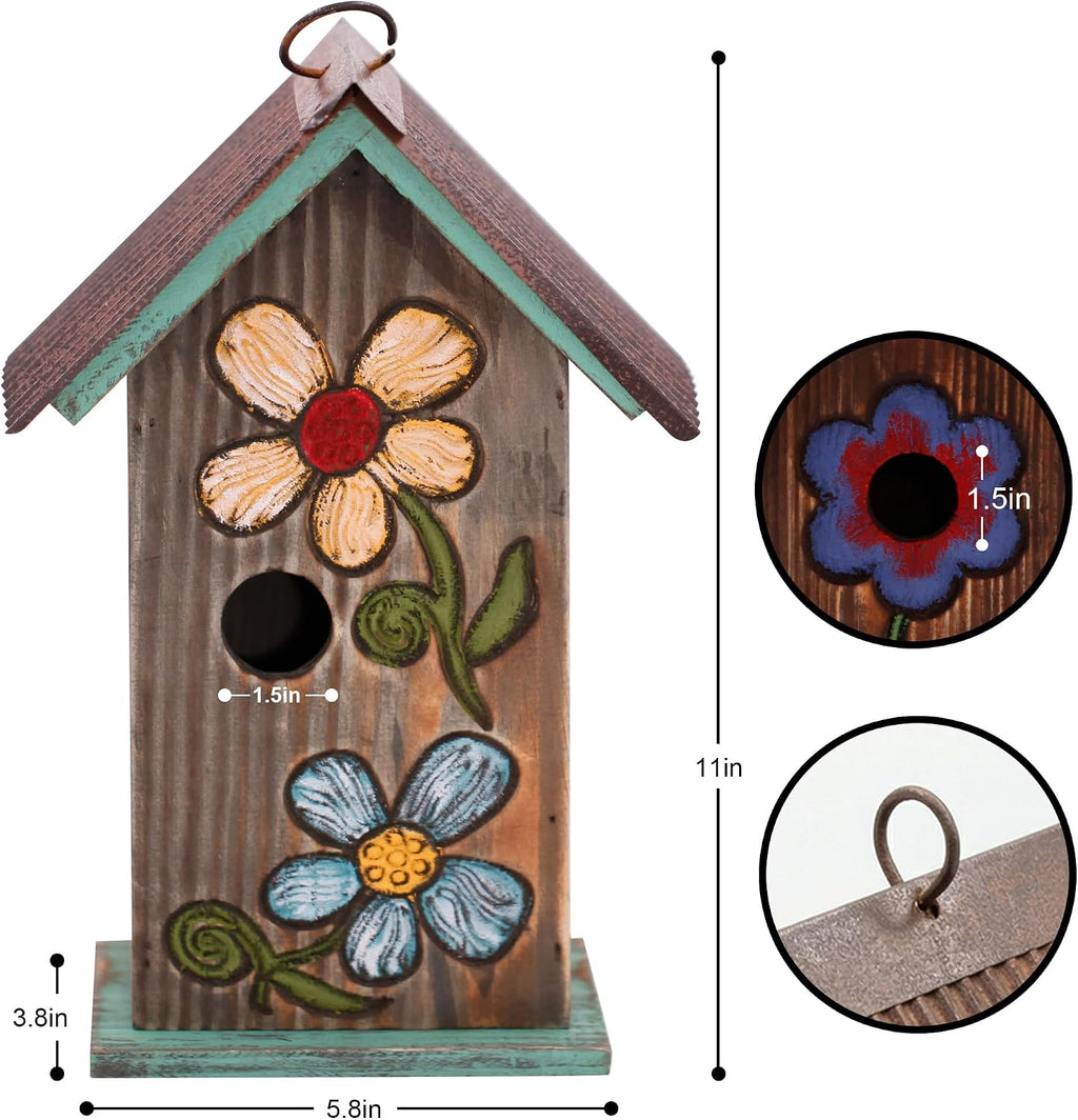 Topadorn Hanging Bird House for Outside, 11" Hand-Painted Wooden Birdhouse | Floral Design, Rustic Outdoor Bird House for Bluebird, Finch, Cardinal & Wren, Garden Patio Yard Decor