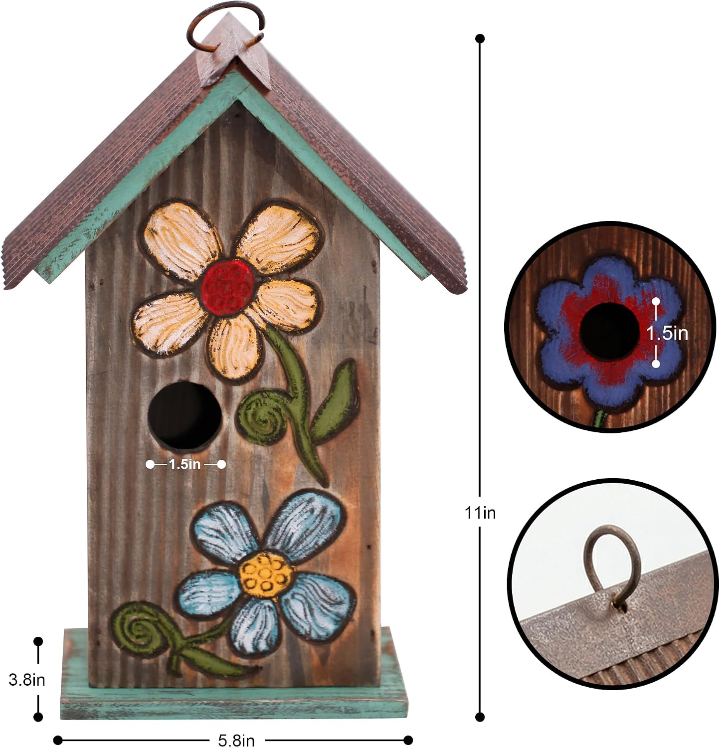 Topadorn Hanging Bird House for Outside, 11" Hand-Painted Wooden Birdhouse | Floral Design, Rustic Outdoor Bird House for Bluebird, Finch, Cardinal & Wren, Garden Patio Yard Decor