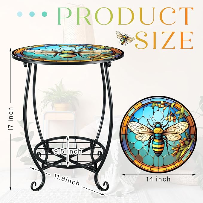 Outdoor Side Table Round Small Mosaic Patio Accent Indoor End Plant Coffee Tea Table for Yard Patio Porch Garden Living Room, Bedroom(Bee Style,14 Inch)