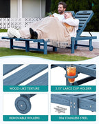 SERWALL Outdoor Chaise Lounge, Patio Chaise Lounge Chair with 5 Positions Adjustable Backrest, HDPE Lounger with Rolling Wheels & Cup Holder for Pool, Navy