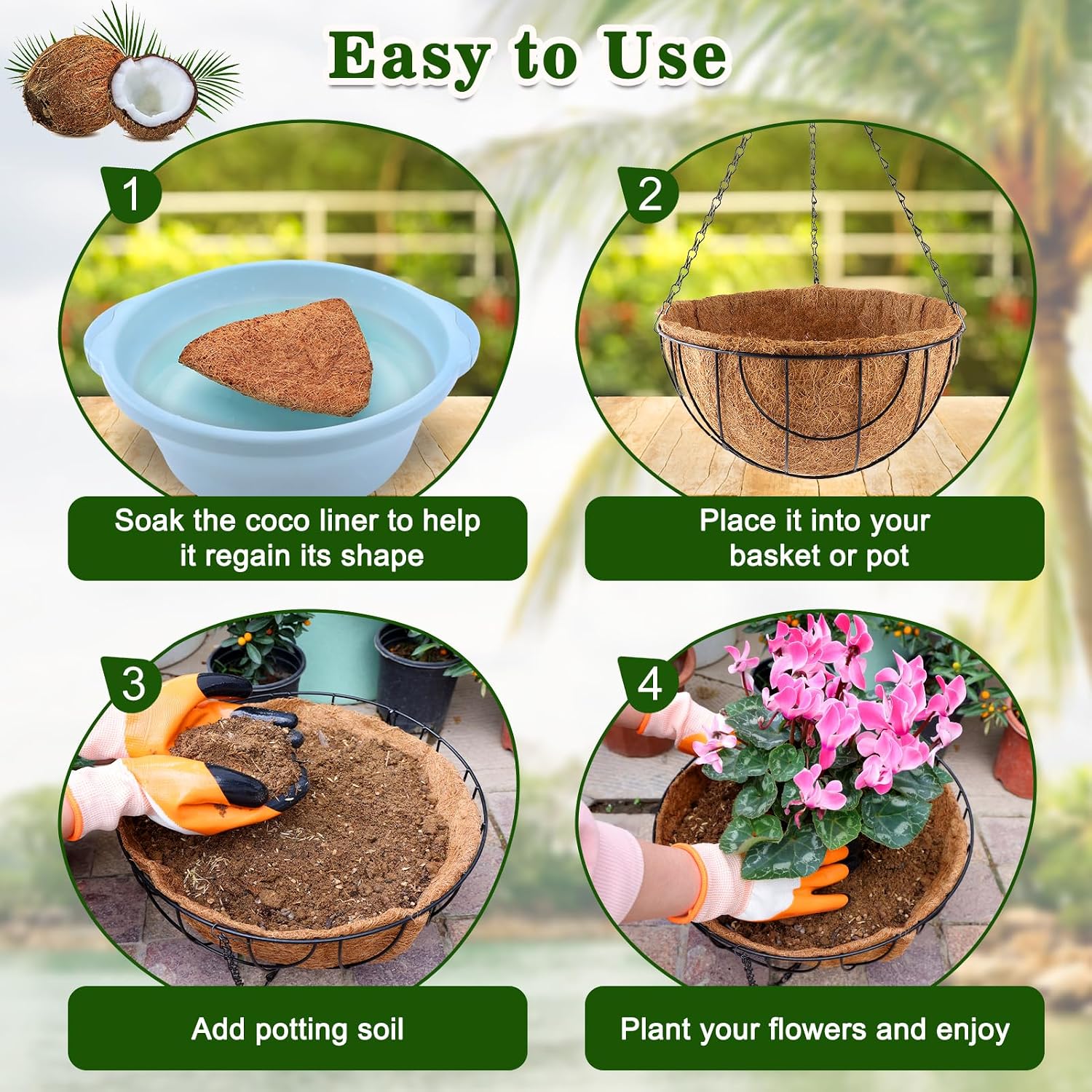 REMIAWY Hanging Baskets Coco Liners, 4 Pack 14 Inch Natural Coconut Fiber Liner Replacement for Planters, Round Hanging Basket Inserts for Flowers Vegetables Herbs, Garden Pots Indoor Outdoor