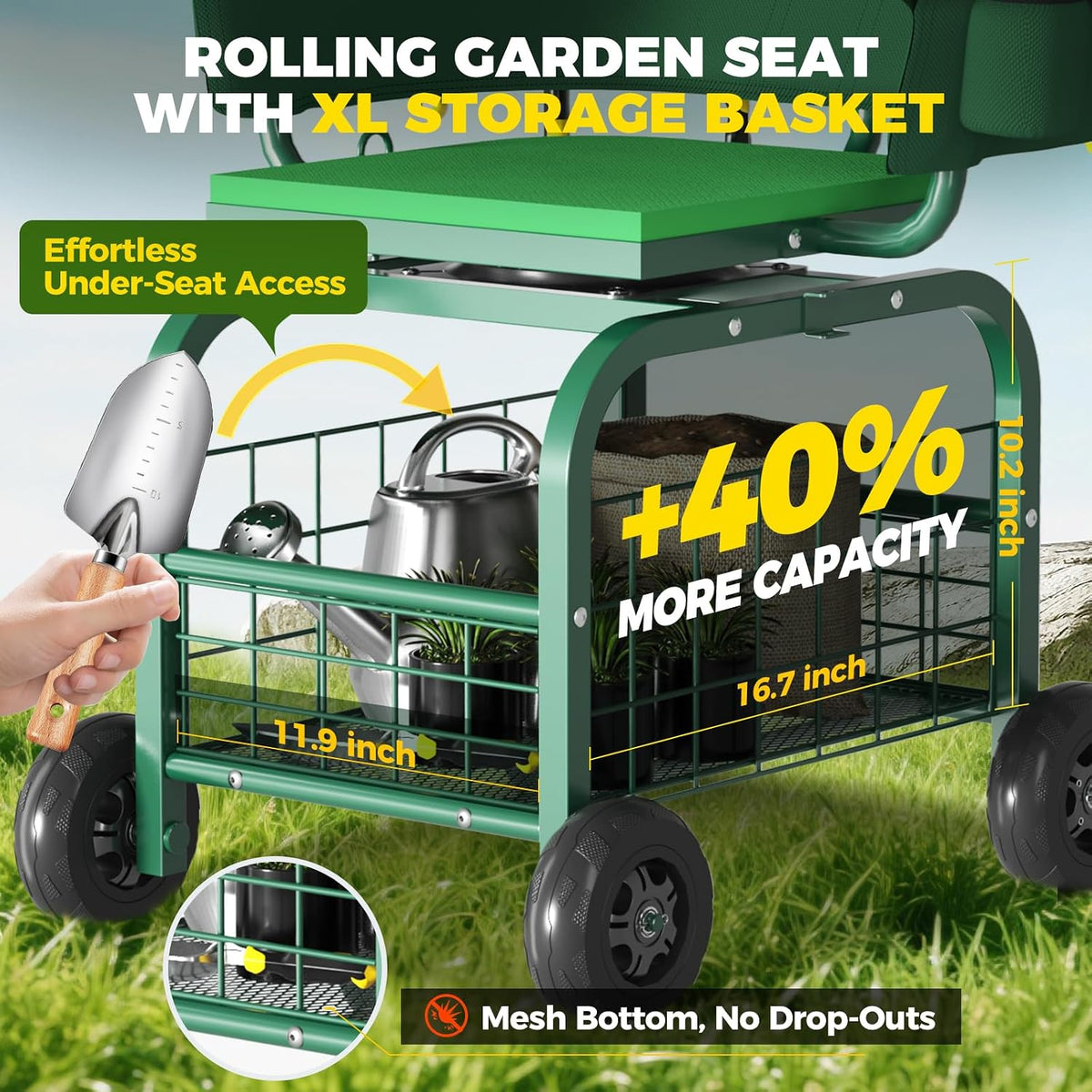 suntee garden seat with wheels, rolling gardening stool showing dimensions