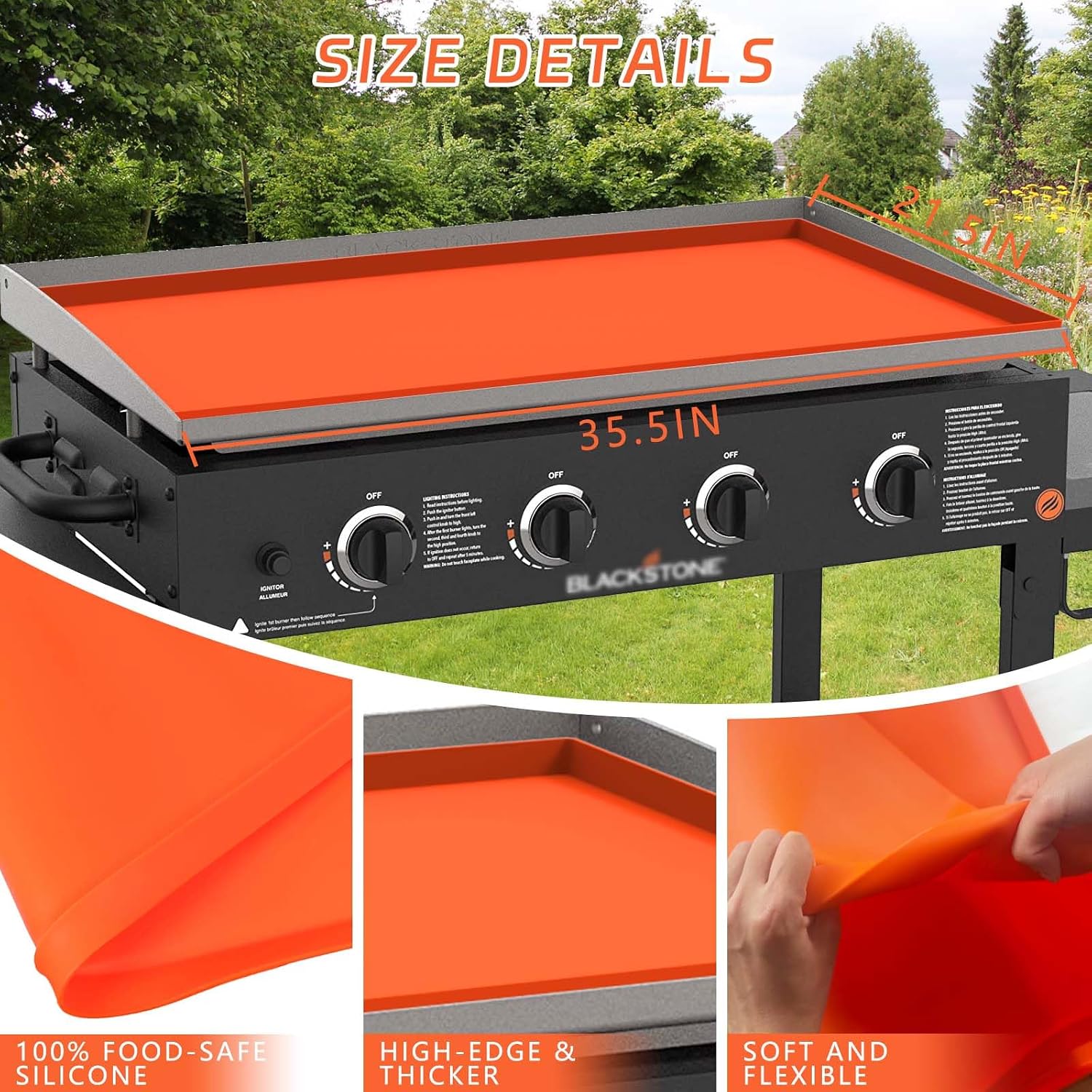 36" Silicone Griddle Cover Mat for Blackstone 36 Inch Griddle Accessories, All-Season Protection Against Dirt & Rust, Food Grade Silicone Grill Mat (Orange)