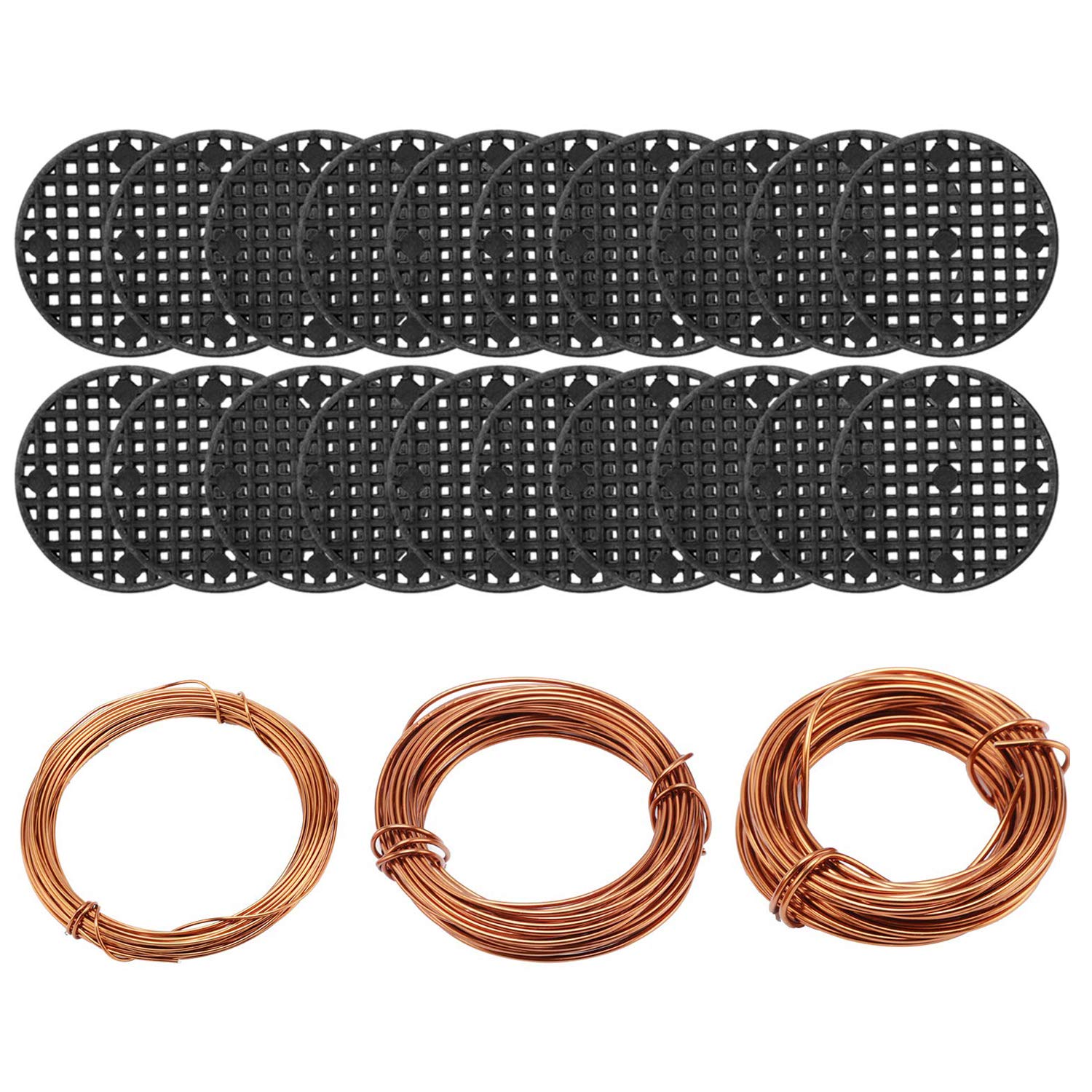Bonsai Tool Set, 30M Aluminium Bonsai Training Wire Line 3-Sizes(1.0mm/1.5mm/2.0mm) and 20 Pcs Flower Pot Hole Mesh Pad (4.5cm/1.8 inches) for Outdoor Plant Pot & DIY Hanging Art Crafts