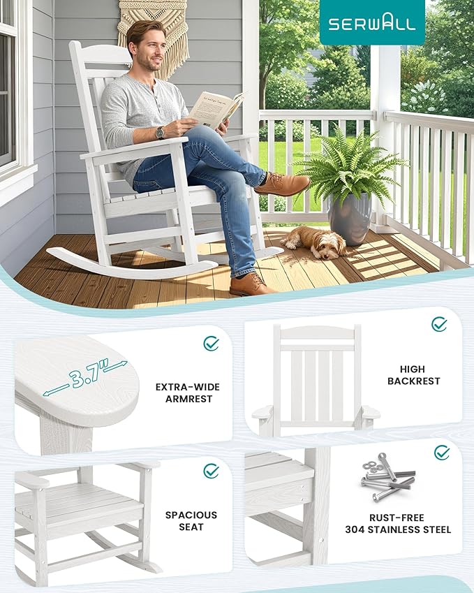 SERWALL Outdoor Rocking Chairs Set of 4, Oversized HDPE Porch Rockers for Adults, All-Weather Composite Patio Rocking Chairs, White