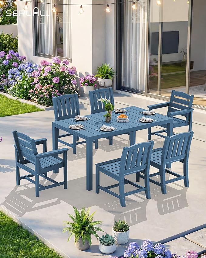 SERWALL 7-Piece Outdoor Dining Set, 60" - 83" Expandable Outdoor Dining Table and 6 HDPE Chairs, All Weather HDPE Outdoor Furniture Set for Backyard, Garden, Blue