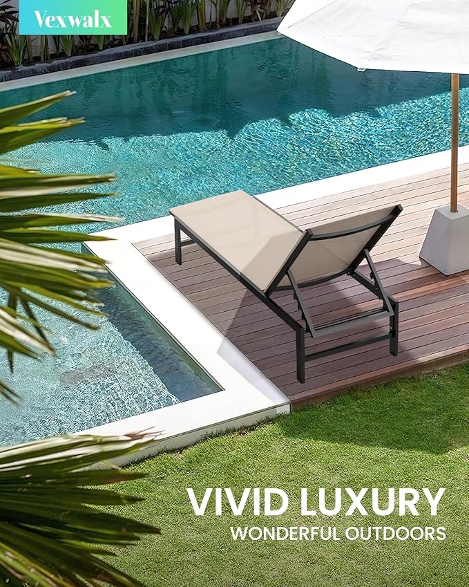 Outdoor Lounge Chairs Set of 3, Aluminum Chaise Lounge Chairs with 5-Position Recliner, Patio Lounge Chair for Backyard, Poolside, Deck, Lawn (Khaki)