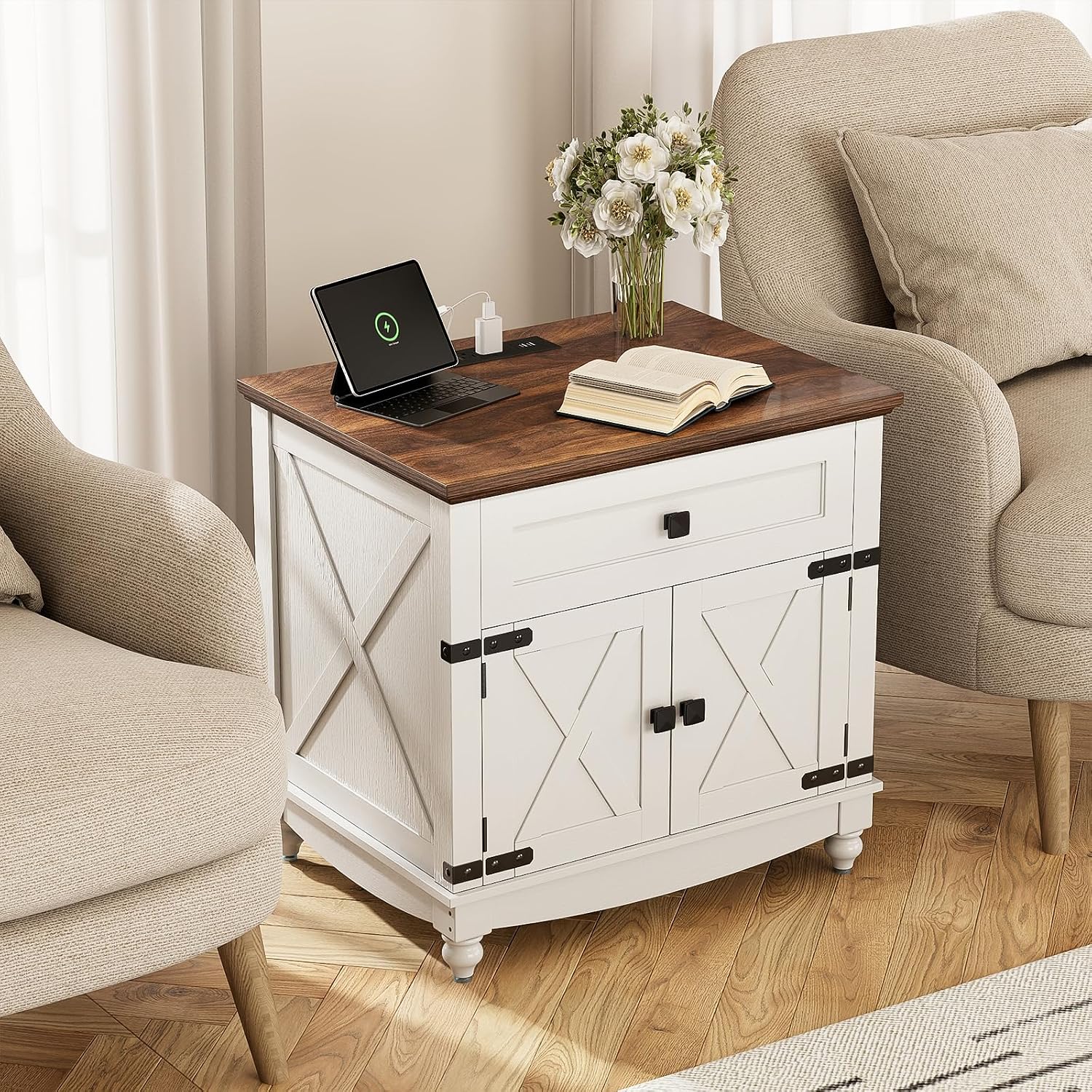 Farmhouse End Table with Charging Station, 24inch White Nightstand with Door and Storage Cabinet, Bedside End Table with Adjustable Shelf, Wood Bedside Table, Night Stand for Living Room and Bedroom