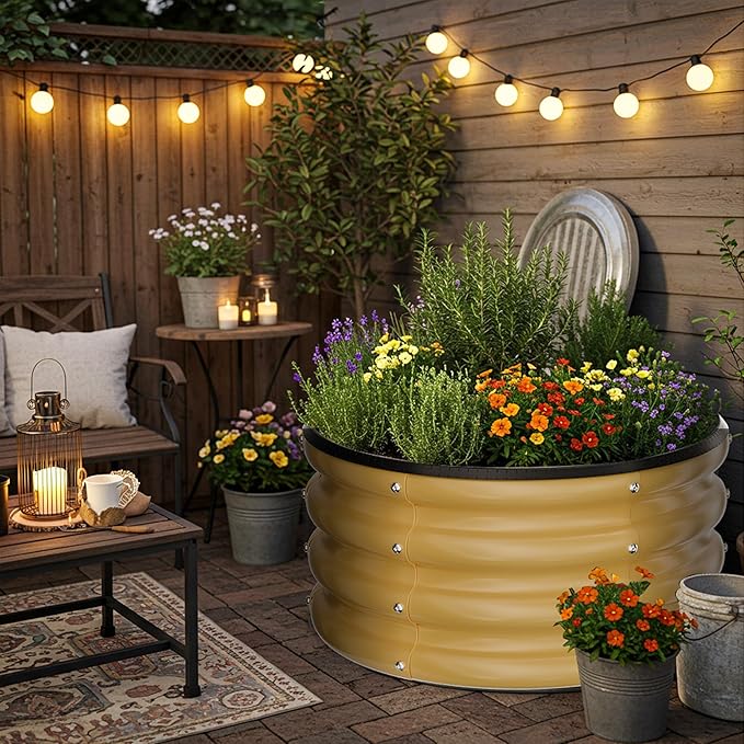 ZXZYHFTY Round Galvanized Raised Garden Bed kit,Yellow Outdoor Garden Raised Planter Box, Round Large Metal Raised Garden Beds for Vegetable 2 * 2 * 1ft 3 Pcs