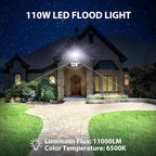110W Flood Lights Outdoor, LED Work Light with Plug, Daylight White 6500K LED Flood Light, IP66 Waterproof Exterior Security Lights for Yard Garage Stadium 2 Pack