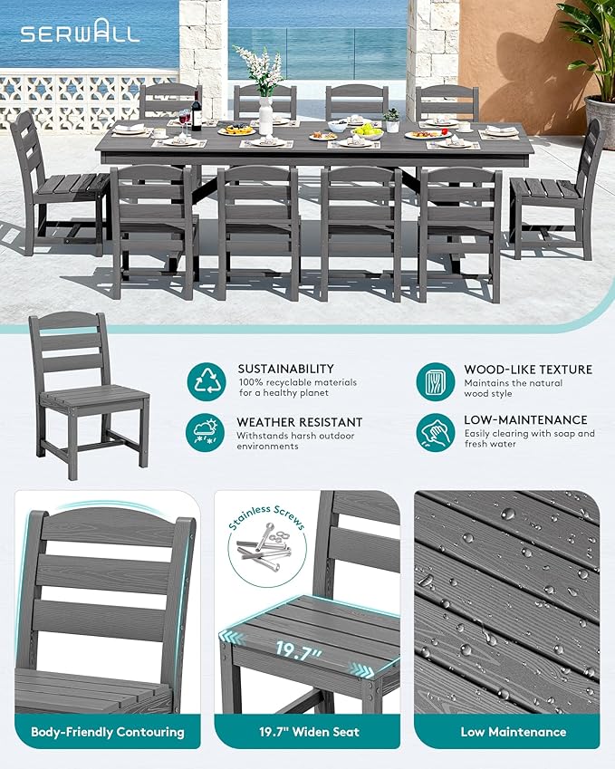 SERWALL 11 Piece Outdoor Dining Set, 84" HDPE Outdoor Table and Chairs for 10，All Weather Patio Furniture Set with Umbrella Hole for Backyard, Garden, Gray