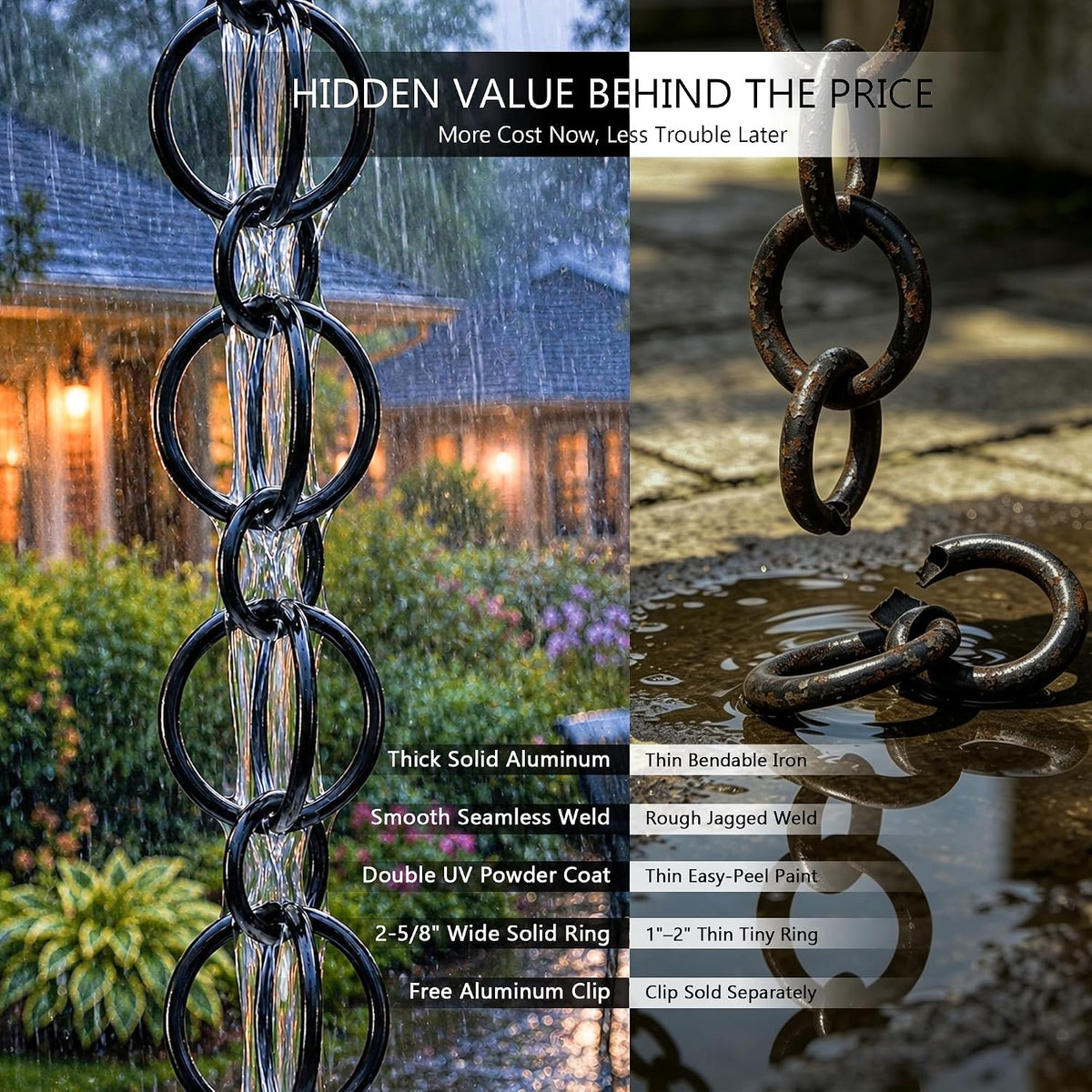 3 ft aluminum rain chain for gutters outside showing dimensions