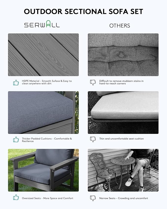 SERWALL HDPE Patio Furniture Set, 7-piece Outdoor Sectional Sofa Set, All Weather Outdoor Couch Set for Deck, Lawn, Grey Frame with Grey Cushion
