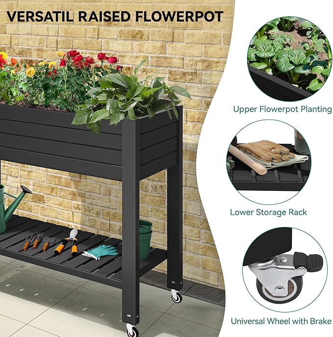 YITAHOME 43.3x17.7x34 in Elevated Garden Bed 2pcs, Outdoor Plastic Planter Box with Wheels, Legs, Drain Plug, and Storage Shelf for Plants, Vegetables, Flowers, Herbs, Black