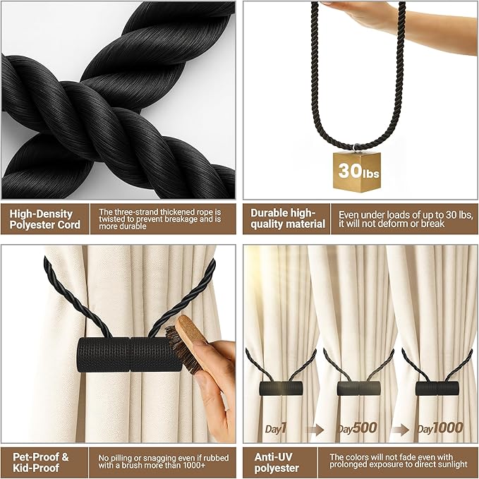 Hion Magnetic Curtain Tiebacks Black 2pcs, Curtain Tiebacks Buckles Holdbacks Holders Hooks Clip for Home Bedroom Office Decorative Curtain