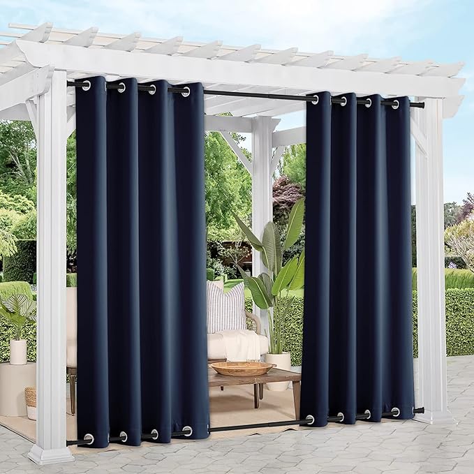 NICETOWN 2 Panels Outdoor Curtains for Patio Waterproof Extra Long 108", Windproof Thermal Insulated Top and Bottom Stainless Steel Grommet Blackout Outdoor Drapes for Porch, Navy Blue