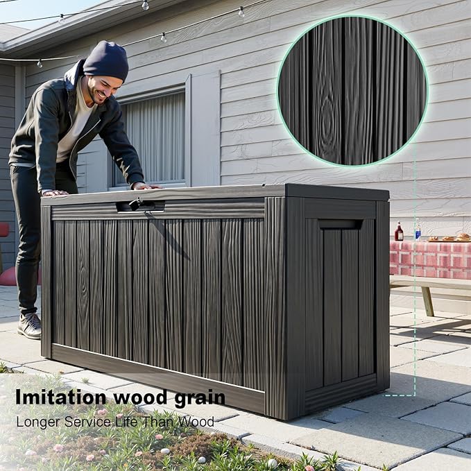 80 Gallon Outdoor Deck Box, Lockable Waterproof Outdoor Storage Boxes For Garden Tools,Indoor Cushions,Accessories Outside Storage Resin Weatherproof Container(Black)