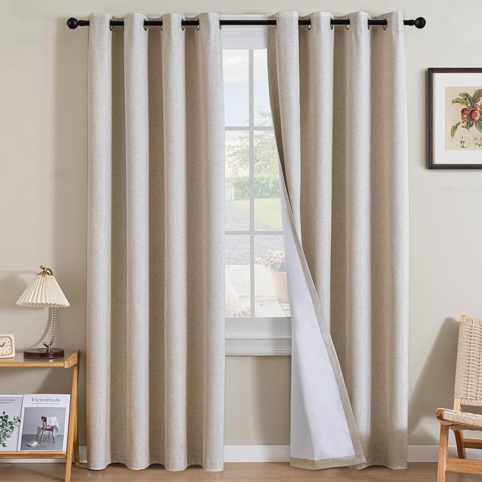 H.VERSAILTEXLinen-Polyester Curtains 100%Blackout Curtains for Bedroom 96"Long Full Light Blocking Nature Linen-Polyester Blended Window Curtains for LivingRoomNickel Grommet(2Panels,HeatheredNatural)